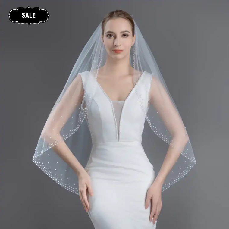 Pearl Scatter Beaded Edge Fingertip Wedding Veil V6253F