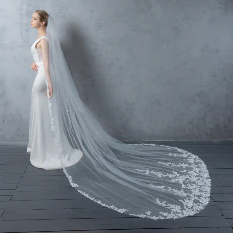 Royal Cathedral Wedding Veil with Floral Vine Lace