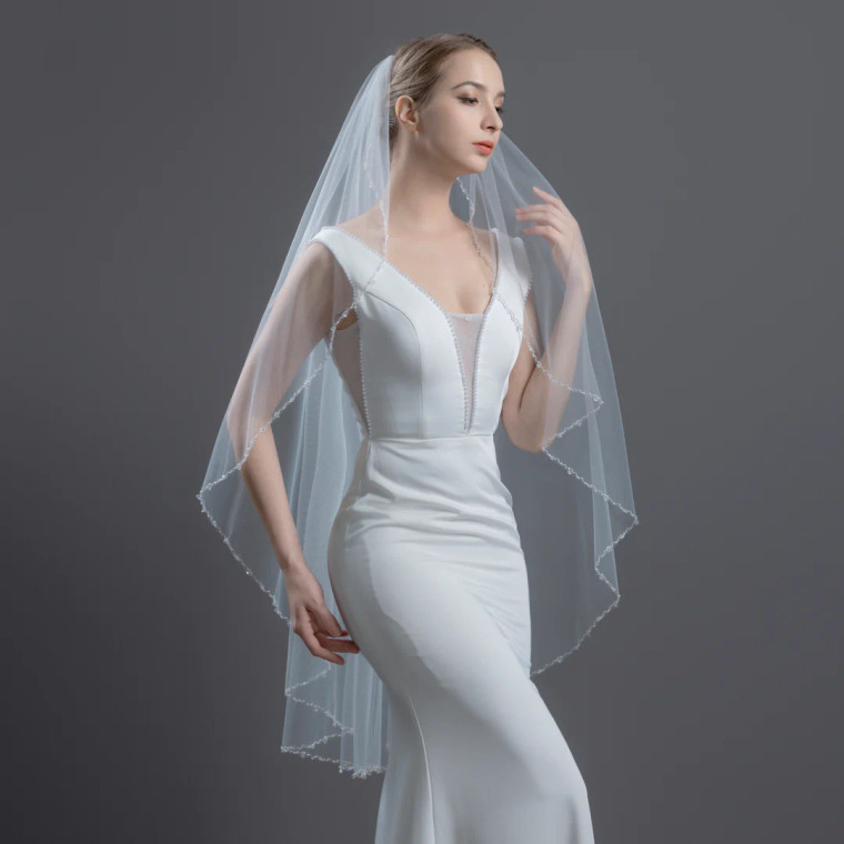 Angel Cut Crystal and Pearl Knee Length Wedding Veil V6244A Angel Cut Crystal and Pearl Knee Length Wedding Veil V6244A