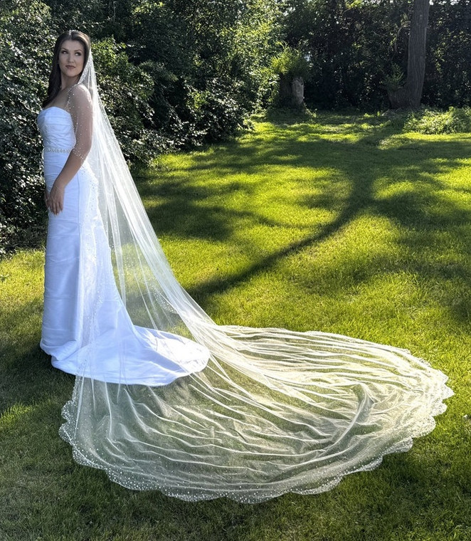 Scallop Royal Cathedral Wedding Veil with Pearl and Crystal Scatter