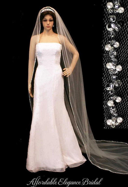 Extra Wide Royal Cathedral Wedding Veil with Beaded Pearl Edge