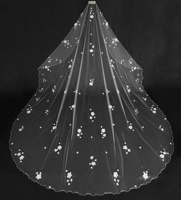 Wide Cathedral Wedding Veil with Pearl and Rhinestone 3D Flowers Wide Cathedral Wedding Veil with Pearl and Rhinestone 3D Flowers