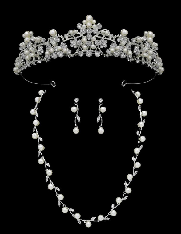 Pearl and Crystal Wedding Tiara with Jewelry Set Pearl and Crystal Wedding Tiara with Jewelry Set