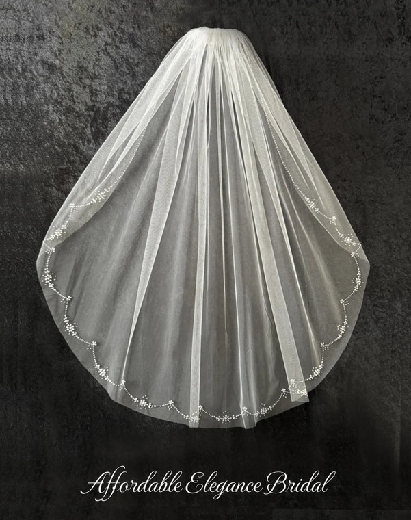 Knee Length Wedding Veil with Pearl Beaded Scallop Design