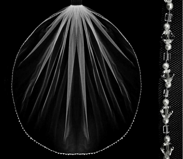 Pearl and All Clear Crystal Beaded Fingertip Wedding Veil V3300H