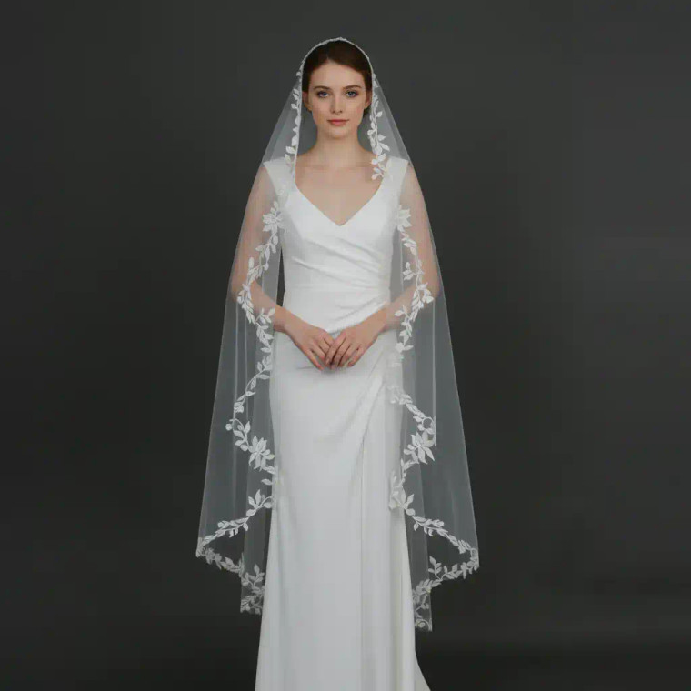 Waltz Length Mantilla Wedding Veil with Floral Vine Lace