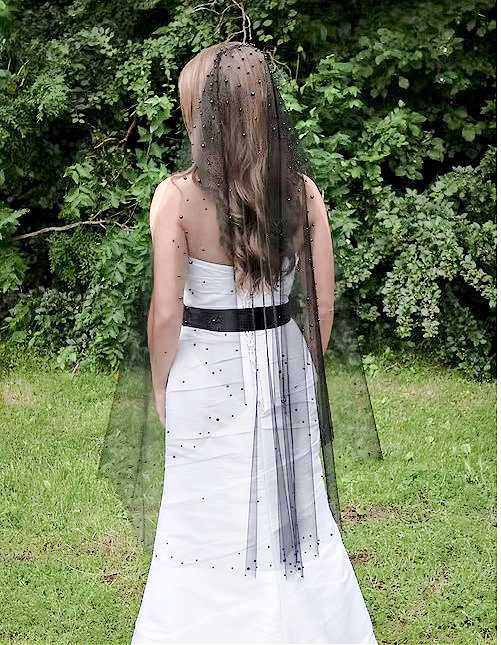 Black Knee Length Wedding Veil with Black Pearl Scatter CF290