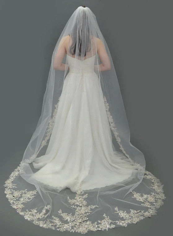 Cathedral Wedding Veil with Beautifully Beaded Floral Lace E1561 