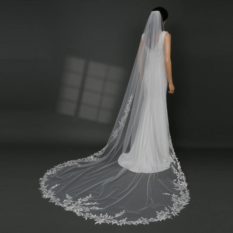 Royal Cathedral Wedding Veil with Floral Vine Lace V6228R