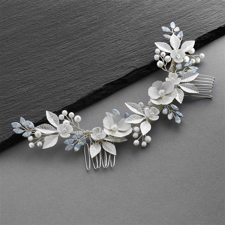 Hand Wired Silver Floral Bridal Comb with Opal Crystals