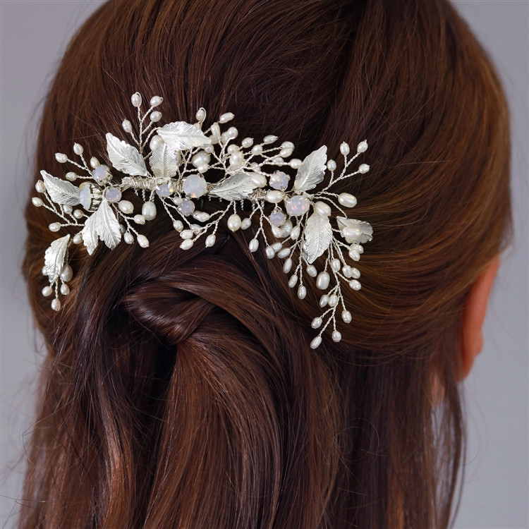 Freshwater Pearl and Opal Crystal Wedding Comb in Silver or Gold