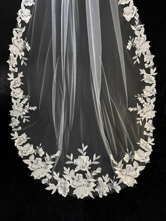 Royal Cathedral Wedding Veil with Large Lace Flowers CF949