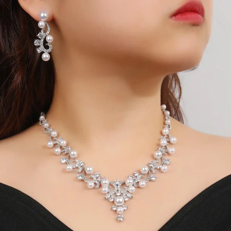 Pearl and 3A CZ Wedding Jewelry Set in Silver Plating