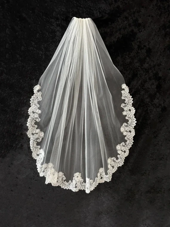 Waltz Length Wedding Veil with Pearled Chantilly Lace CF940