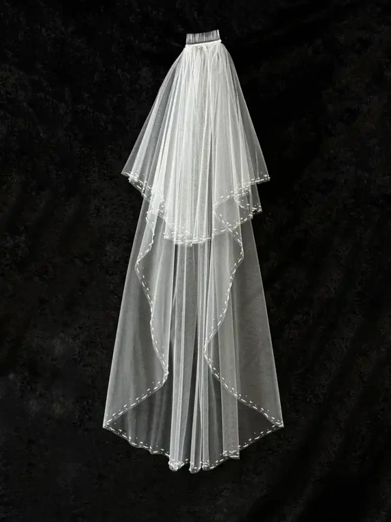 Two Layer Pearl Edge Waltz Length Wedding Veil C645