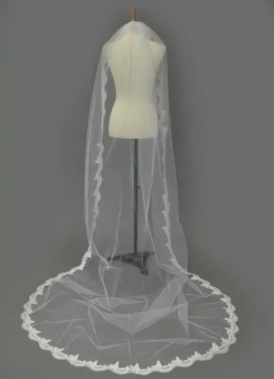 Pearl Beaded Lace Cathedral Wedding Veil Ansonia PV456