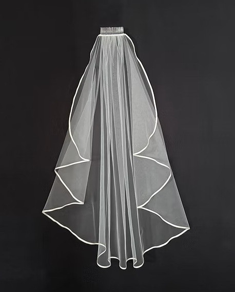  Angel Cut Knee Length Wedding Veil with Satin Ribbon Edge