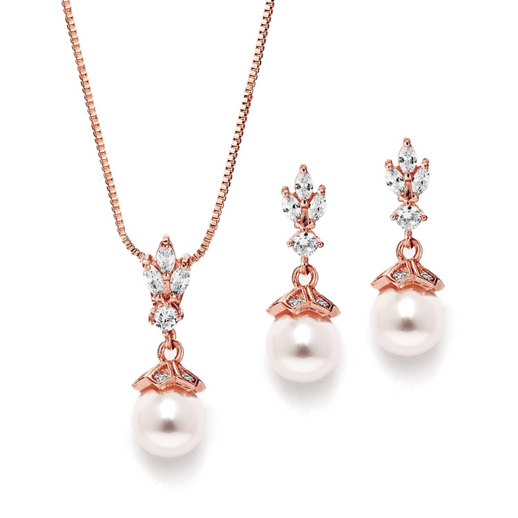 Pearl and CZ Drop Rose Gold Wedding Jewelry