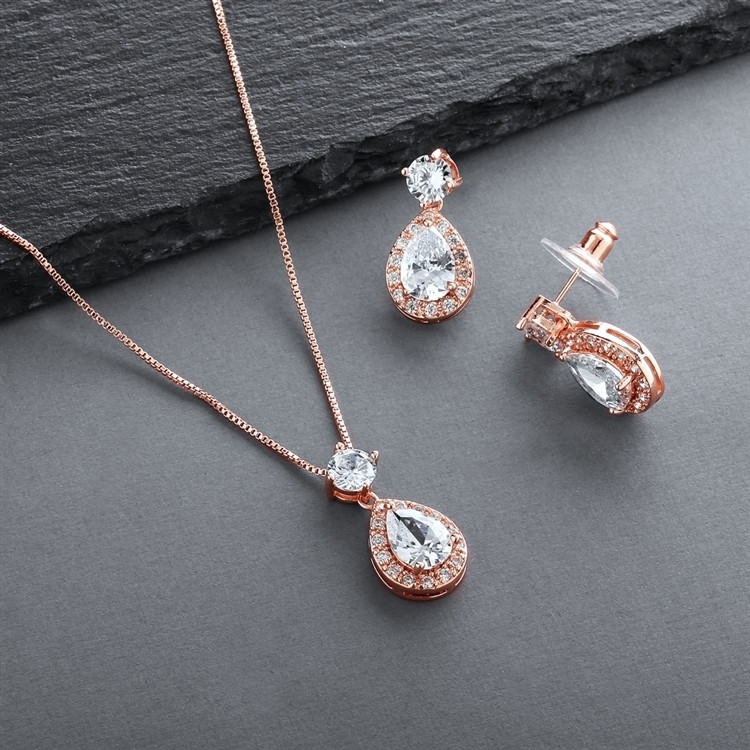 14K Rose Gold Plated CZ Halo Pear Shaped Bridal Jewelry Set