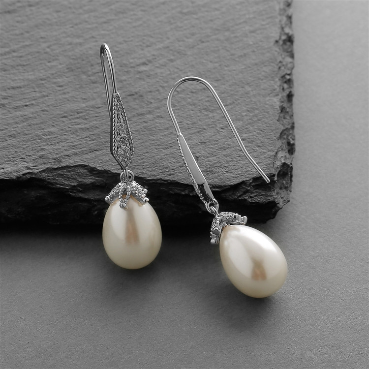 Vintage French Wire Pearl and CZ Wedding Earrings 3777E