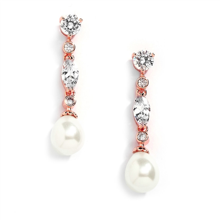 14K Rose Gold CZ and Ivory Pearl Wedding Drop Earrings