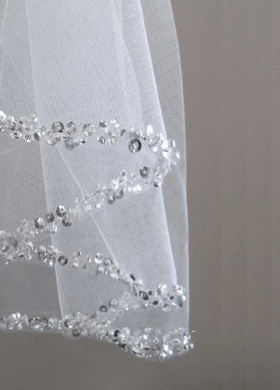 Fingertip Length Beaded Pearl and Sequin Edge Wedding Veil