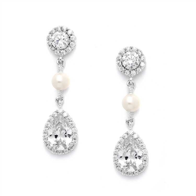 Freshwater Pearl and CZ Drop Bridal Earrings 4493E