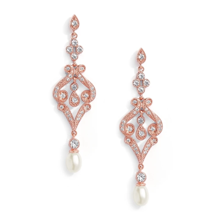 Rose Gold Vintage CZ Scroll Bridal Earrings with Freshwater Pearl 