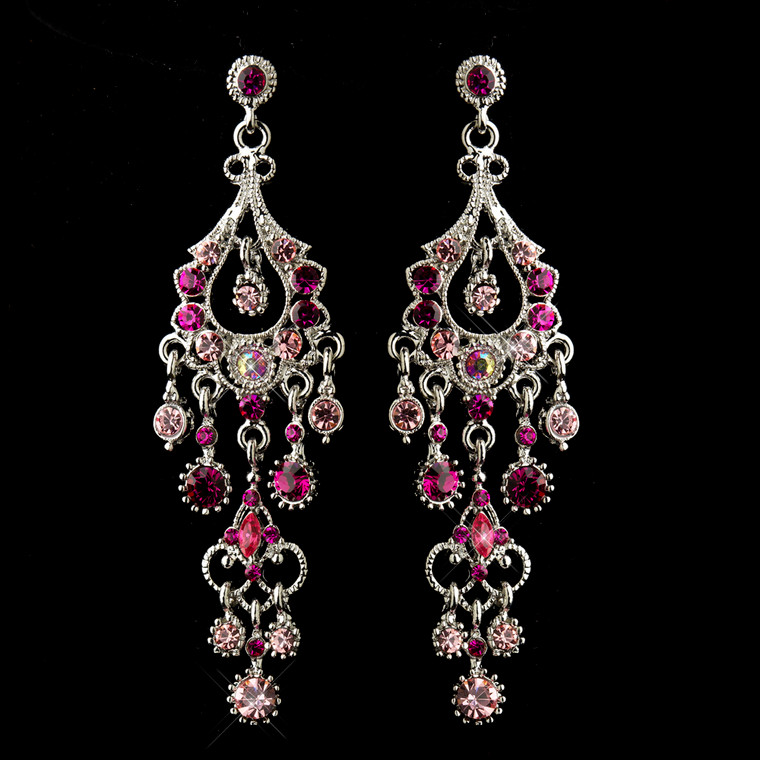 Pink 3 1/4" long Chandelier Formal Earrings in Antique Silver 
