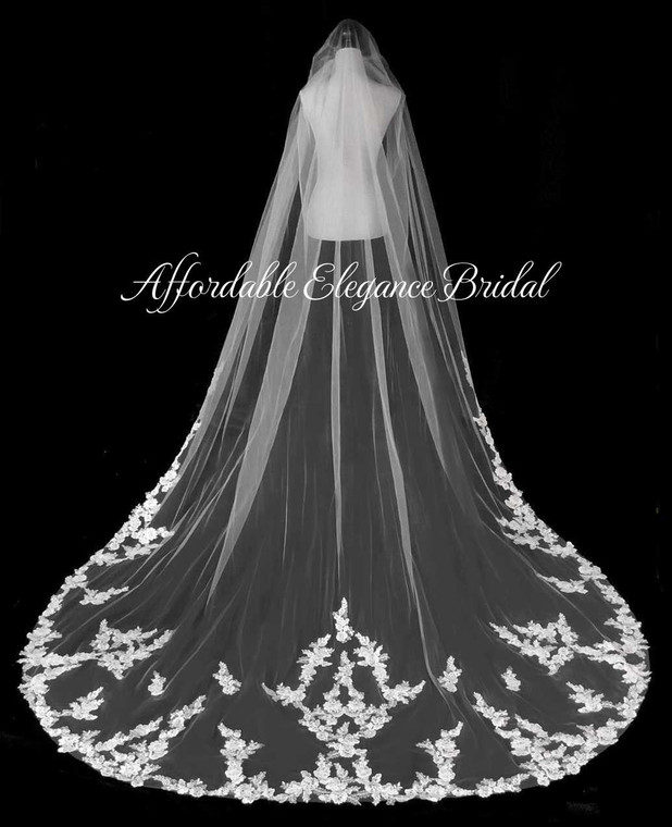 Cathedral Wedding Veil with Alencon Lace and Rhinestones
