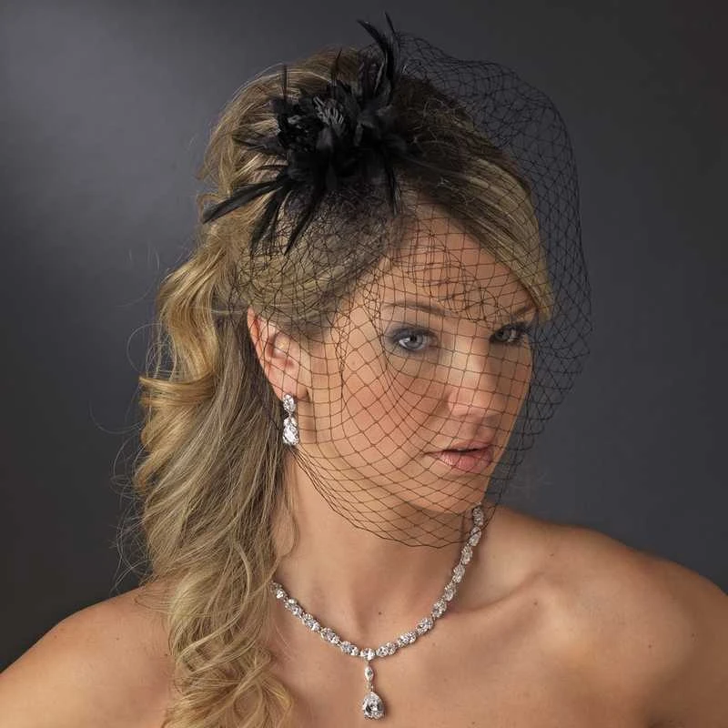 Black Birdcage Bridal Veil with Feather Fascinator display picture 3