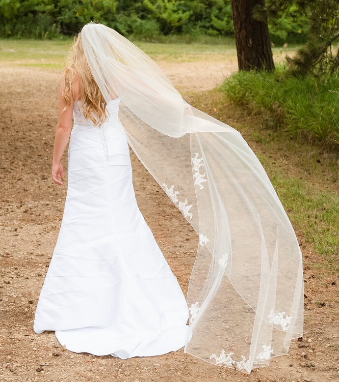 Cheap Ivory Alencon Lace Trim Long Wedding Veil