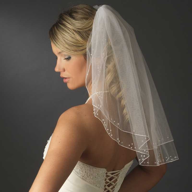 Shoulder Length Wedding Veil with Sequins and Pearls display picture 3