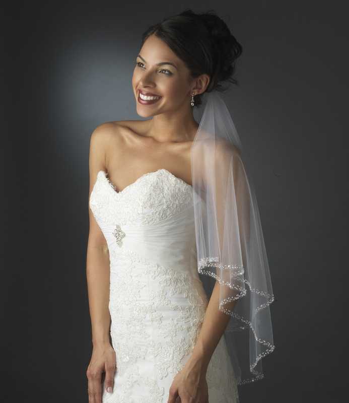 Two Layer Beaded Edge Elbow Length Bridal Veil display picture 1