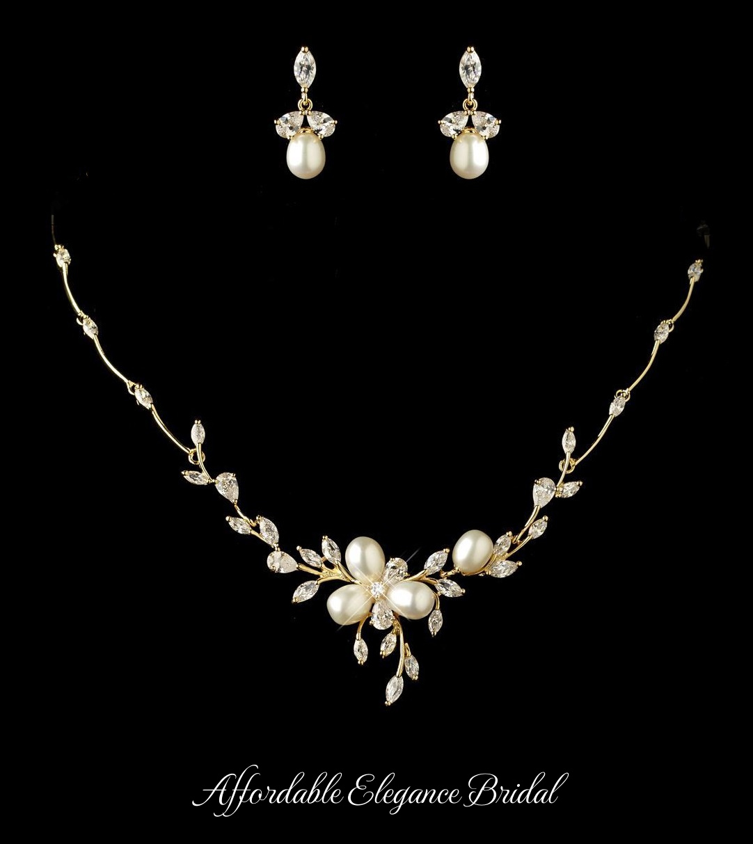 Freshwater Pearl and CZ Gold Plated Wedding Jewelry Set