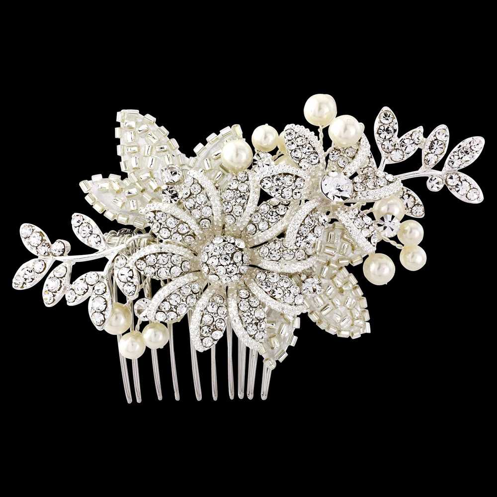 Bridal Ivory Floral Hair Comb with Pearl & Crystal Accents Handmade Ivory Floral Wedding Hair Comb, Swarovski Crystal  main image 3
