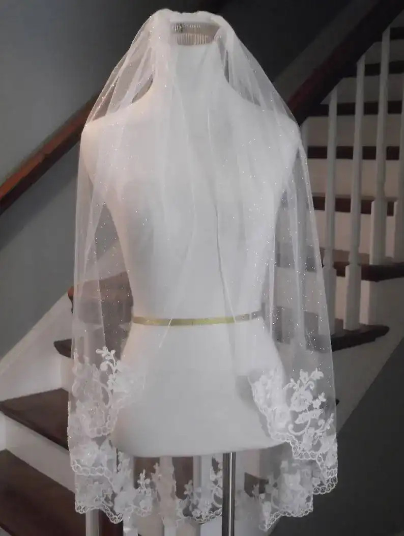 Angel Dust Fingertip Wedding Veil with Beaded Lace V6337