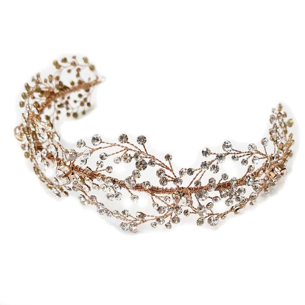 Rose Gold Crystal Hand Wired Floral Wedding Headband display picture 2