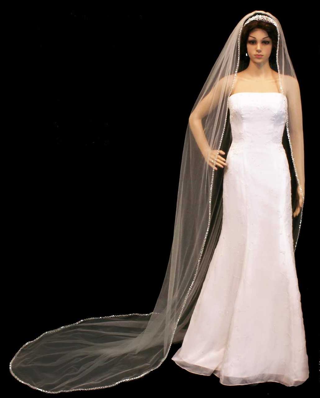 Long Cathedral White Ivory Pearls Tulle Bridal Wedding Veils for Bride with  Comb