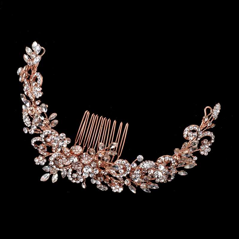 Rose Gold Rhinestone Flowers & Vines Hair Comb