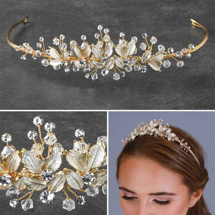 Gold Leaf Wedding Tiara with Crystals and Rhinestones display picture 2