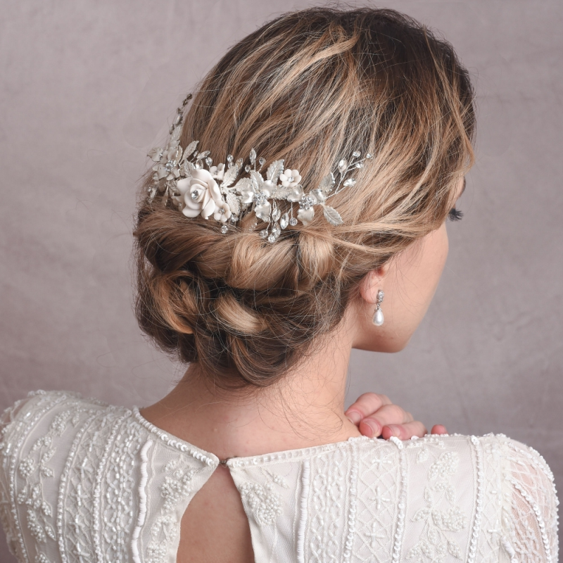 Wedding Hair Comb - Crystals and Hand Painted Flowers Designer Bridal Hair Comb with Hand Painted Leaves and  main image 3