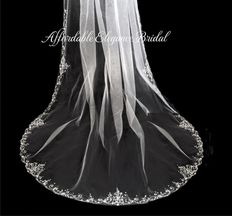 Stunning Beaded Scroll Cathedral Wedding Veil display picture 3