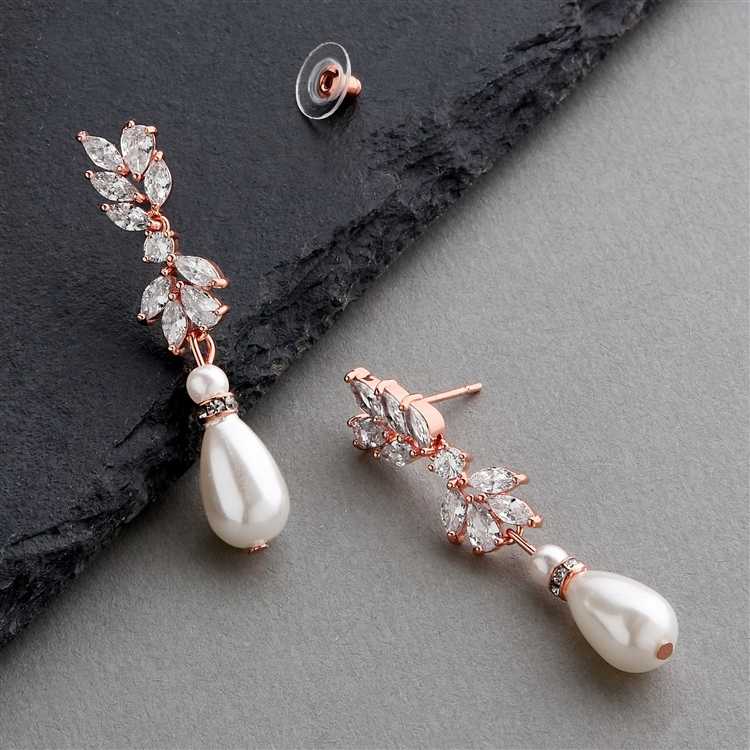CZ and Teardrop Pearl Bridal Earrings in Rose Gold 49432 91961.1697397120