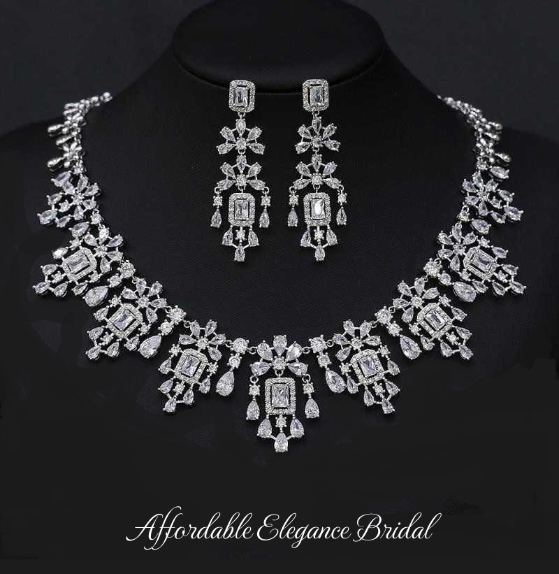 Ornate Platinum Silver Plated AAAAA CZ Wedding Jewelry Set