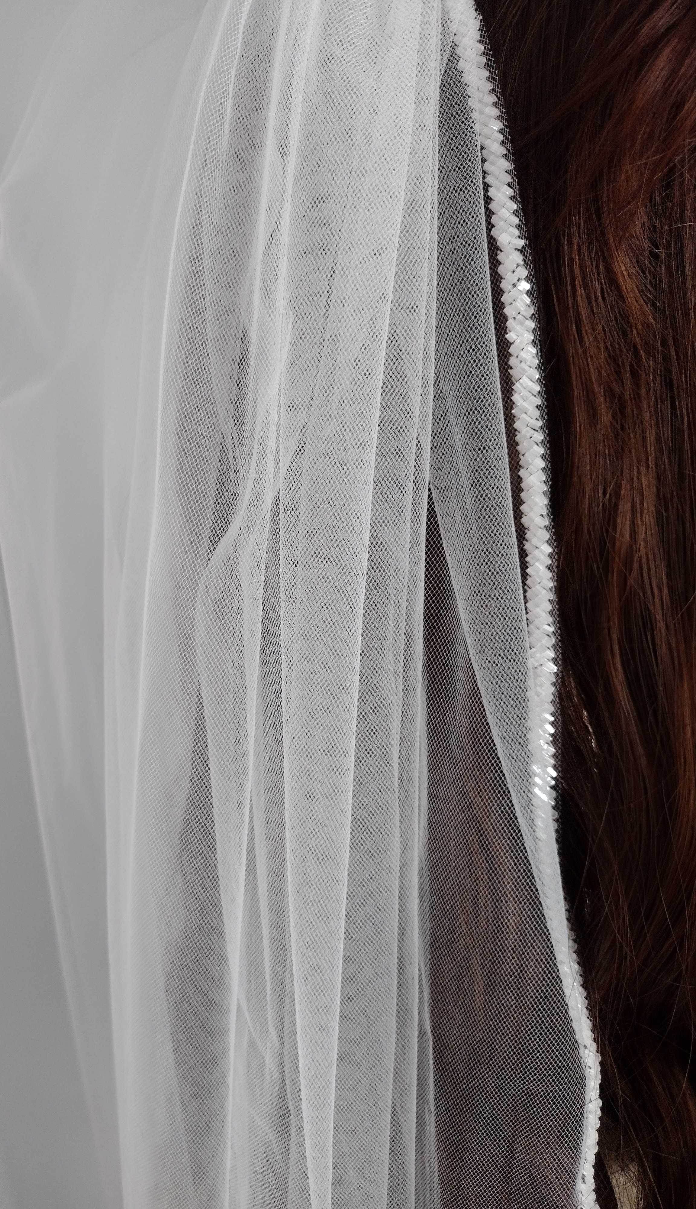 42” fingertip length sheer bridal veil Sheer Fingertip Length Veil with Raw Edge | WeddingVeil.com main image 2