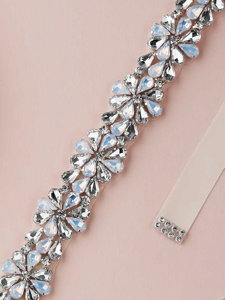Opal and Clear Crystal Cluster Wedding Dress Sash Belt display picture 3