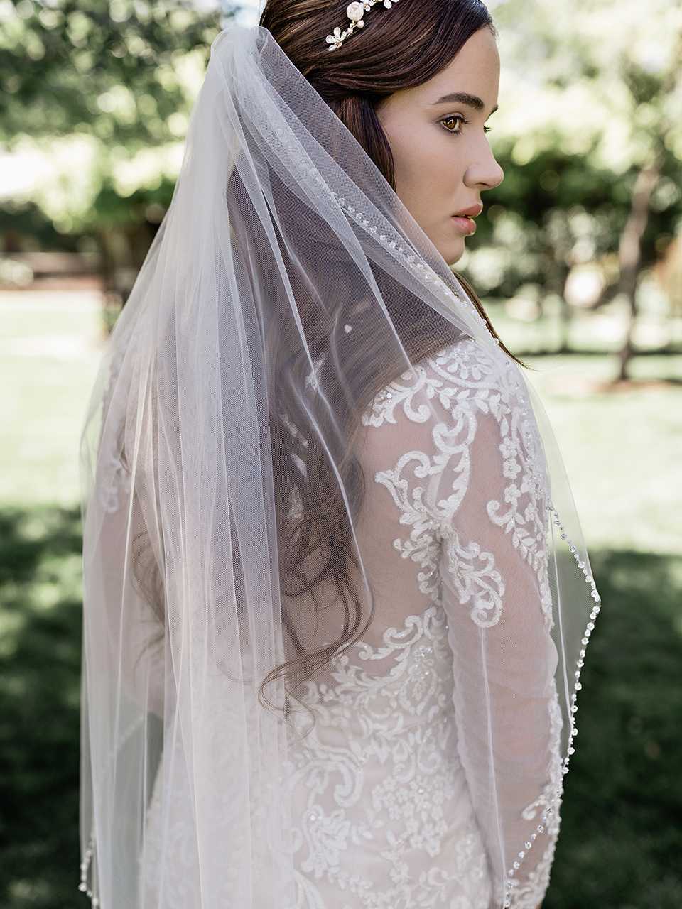 Clear Crystal Beaded Floor Length Wedding Veil