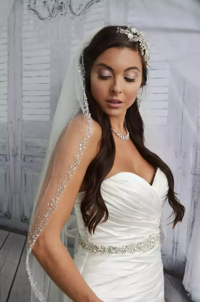 Gold and Silver Embroidered Floral Lace Fingertip Wedding Veil - Adinas  Bridal