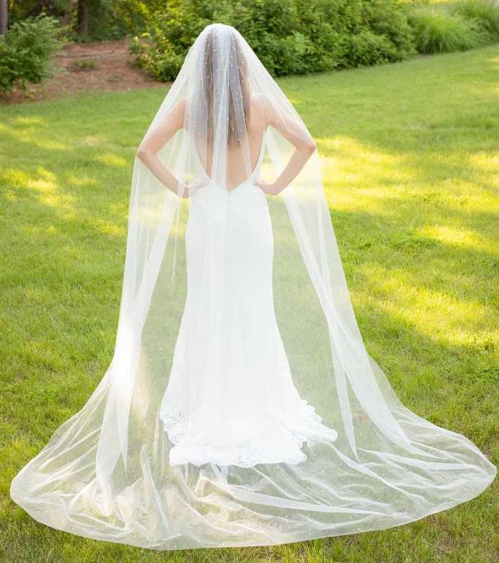 White Dotted Wedding Veil Bow Headband with Pearls